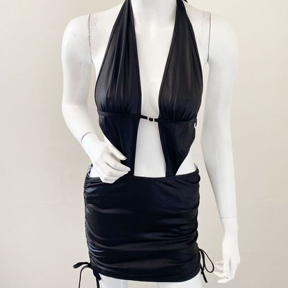 Dolls Kill Brand New Pink Y2K Paris Hilton Vibes Black Deep V Halter Mini Dress - Picture 1 of 7
